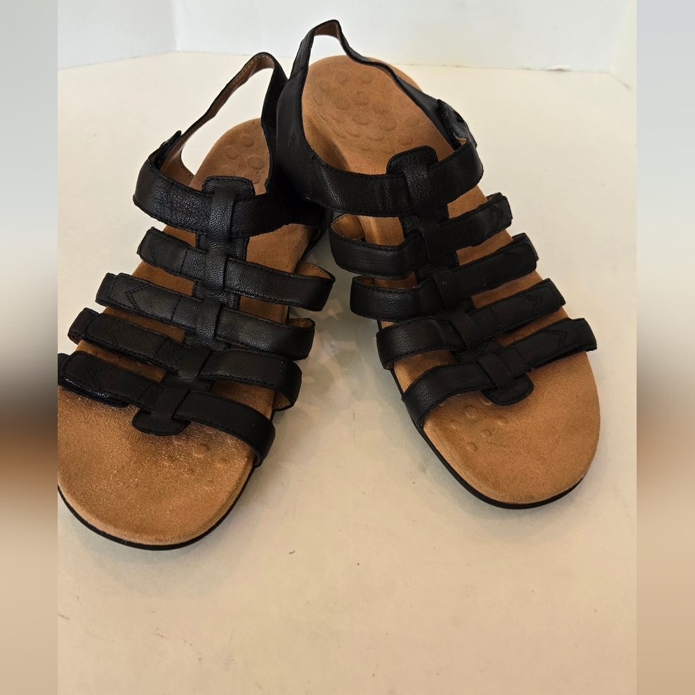Vionic Black Genuine Leather Comfort Strappy Sandals